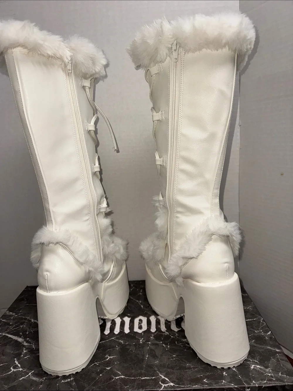 Demonia White Faux-Fur Lace-Up Platform Knee-High Boots with box